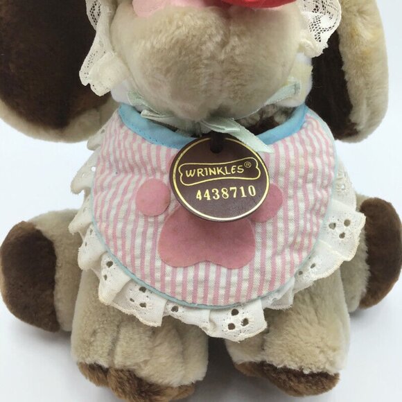 Ganz Bros 10" Wrinkles the Dog Plush Tan Brown Sitting w/ Bonnet Bib Collar 1981 - Picture 5 of 11